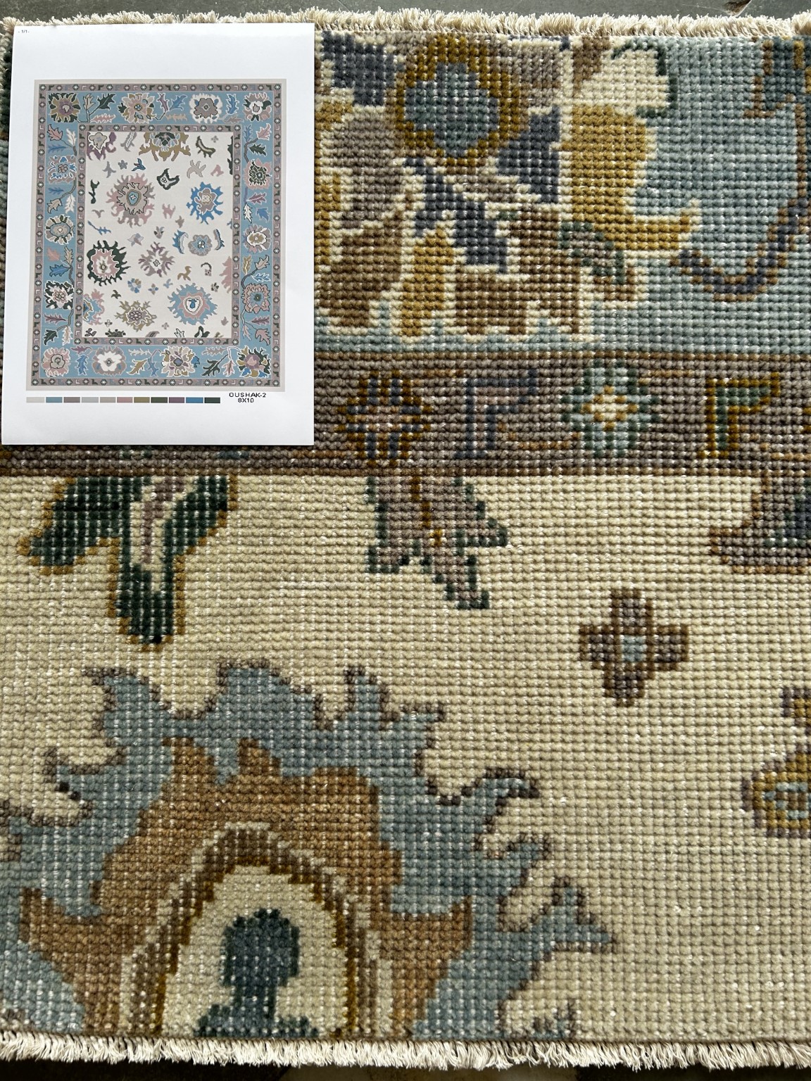 Hand-knotted Oushak rug sample shown with its approved design CAD