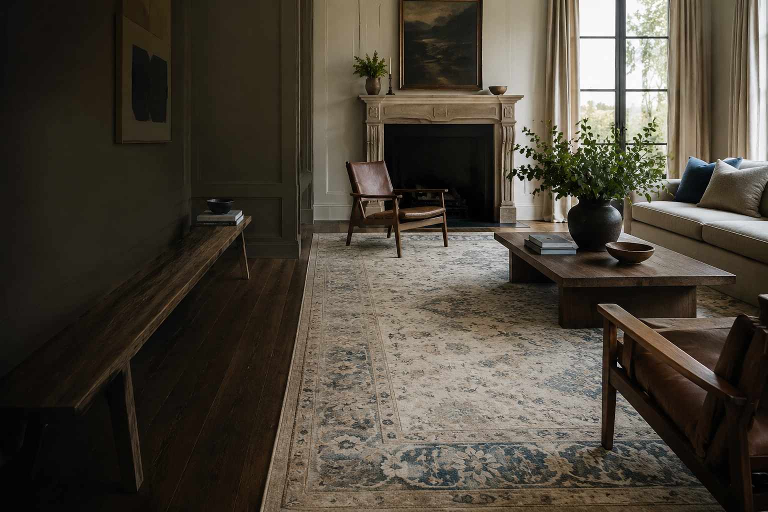 A refined living room grounded by a hand-knotted Oushak rug